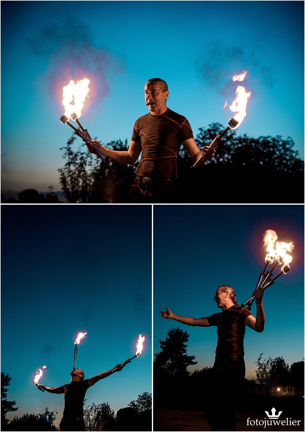 Eventfotos vom Eventfotograf - Feuershow "Der Lemmi" - Mann mit drei Fackeln